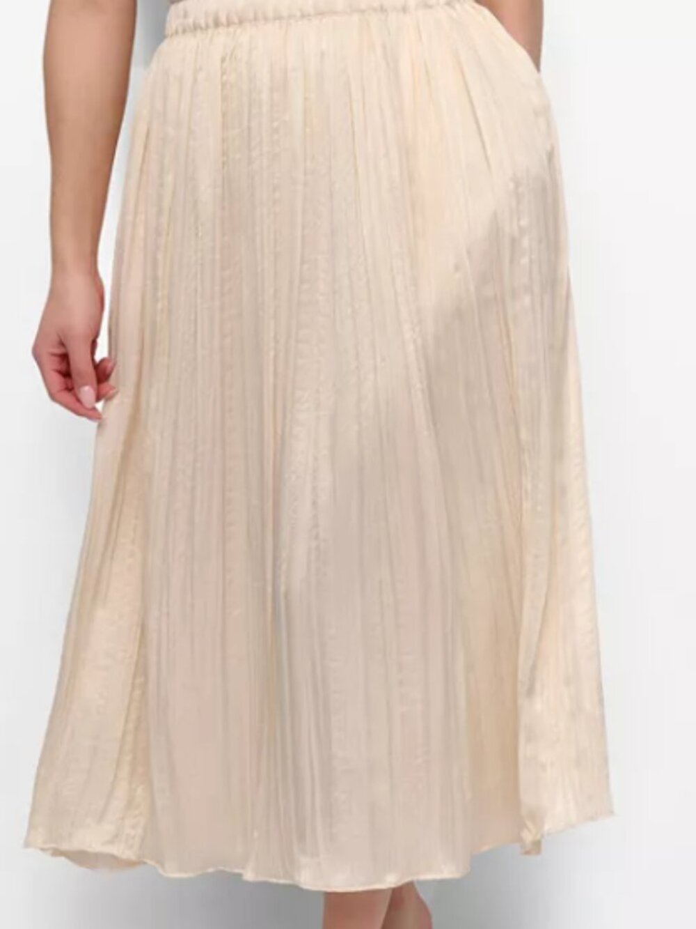 DKNY Champagne/Gold Pleated Midi Skirt with Hidden Pockets- Size XL